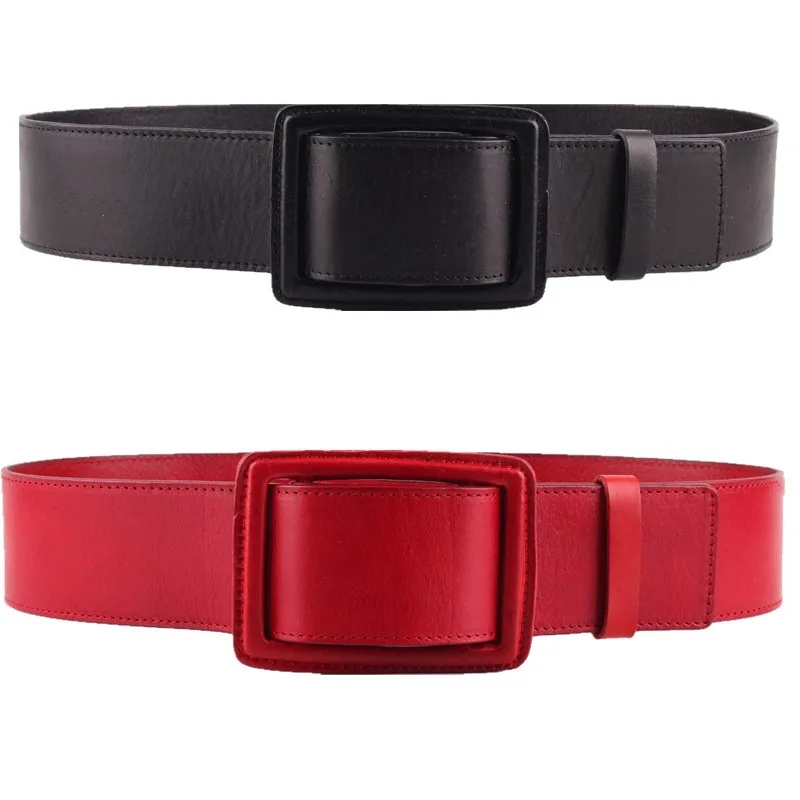 Simple กว้างเอวชั้น Cowhide หนังเข็มขัดหนังผู้หญิง Square Buckle สีดำตกแต่งเข็มขัด