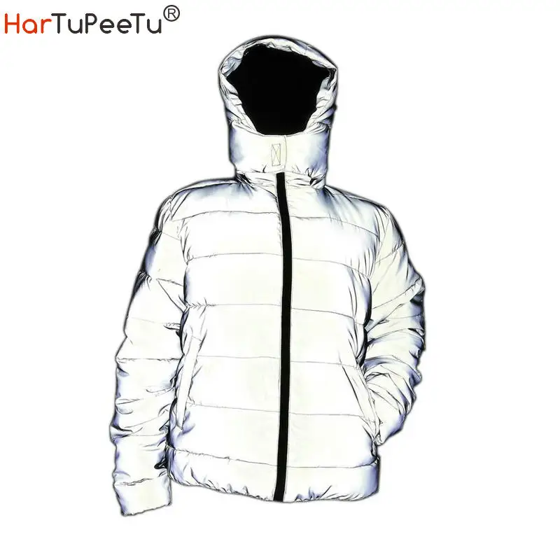 Chaqueta reflectante para hombre y mujer, abrigo grueso de algodón acolchado, Parka con capucha para correr de noche, ropa de calle de Hip Hop,