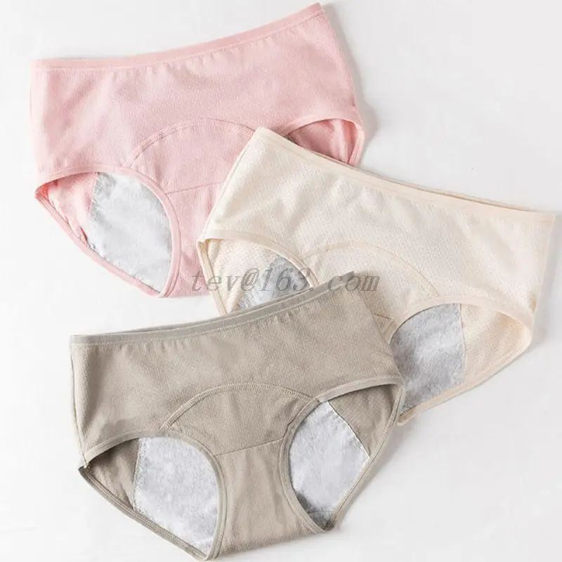 Women Girls Mid Waist Cotton Menstrual Sanitary Underwear Soft Solid Color Briefs Lingerie Leakproof Period Panties