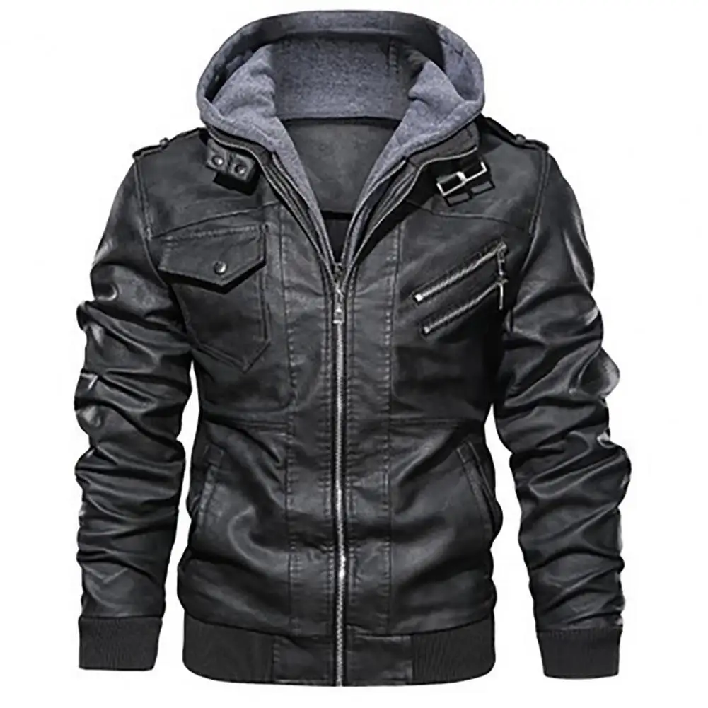 Men Winter Jacket Multi Pockets Zipper Hooded Slim Coat Casual Faux Leather High Quality Jackets Coat for Motor Cycling