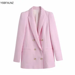 New Women 2023 Blazer Coat Fashion Double Breasted Pink Tweed Vintage Long Sleeve Jacket Female Outerwear Chic Veste Femme