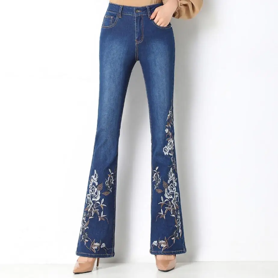 

Autumn High Waist Skinny Flare Pants Women high Street Embroidery flowers Jeans Blue Mom Trousers r1899