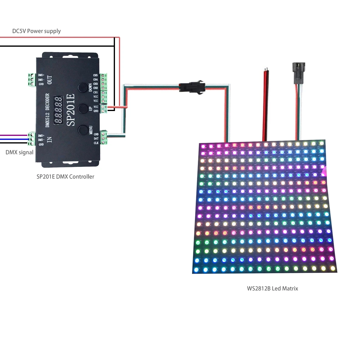 

WS2812B DMX to SPI Led Controller Decoder and WS2812 led Matrix Panel, SP201E 5 Channel DMX 512 RGB WW Decoder Controller SK6812