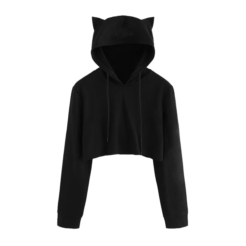 Cute girl Spring Sweatshirts Hoodie Crop Tops Solid Cat Ear Long Sleeve Cropped Sweatshirt Hooded Pullover пуловер