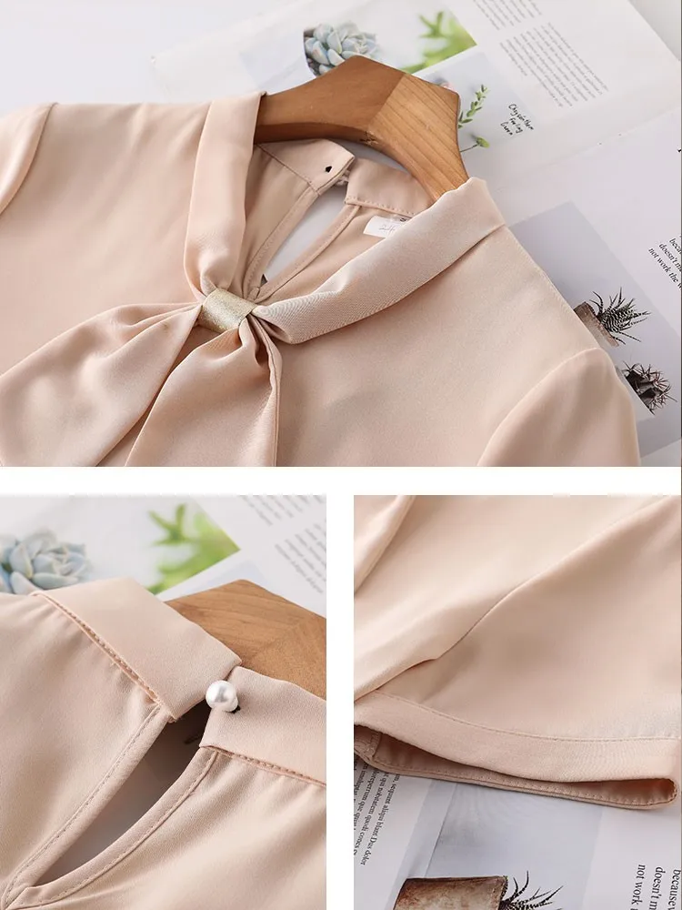 Lenshin Soft Fabric Shirts for Women O-neck Blouse with Bow Work Wear Office Lady Female Champagne Tops Chemise Loose style