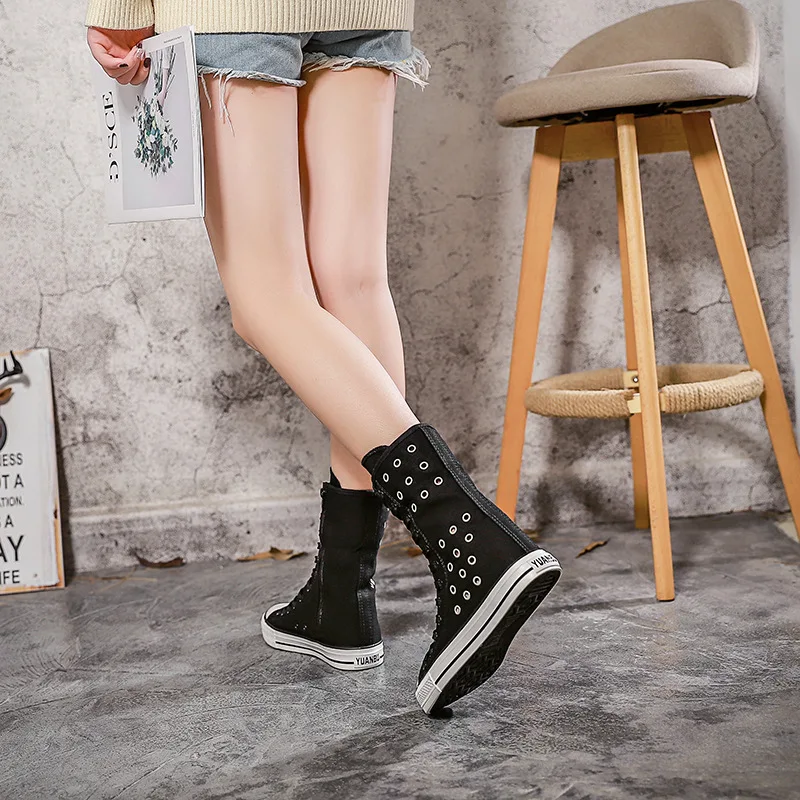 Short Tube Boots Women 2020 Autumn Front Lace-up Side Zipper Canvas Shoes Casual Flat Shoes Comfortable Breathable Shoes Women