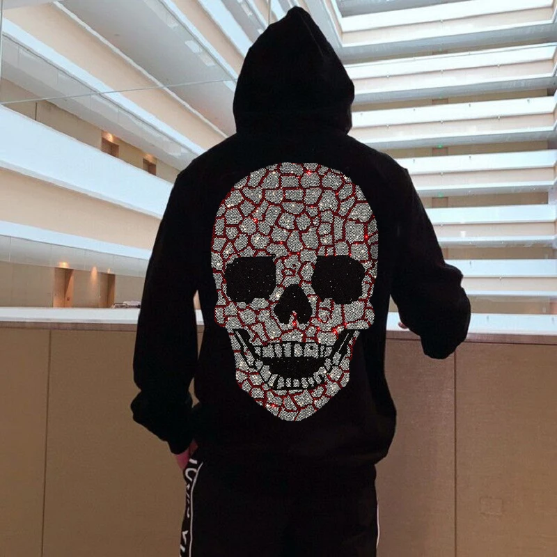 

All-Match Fashion Extra Large Skull Men's Rhinestone Trend Hoody With Hat Coat New Luxury Hoodies Male Fitness Tops