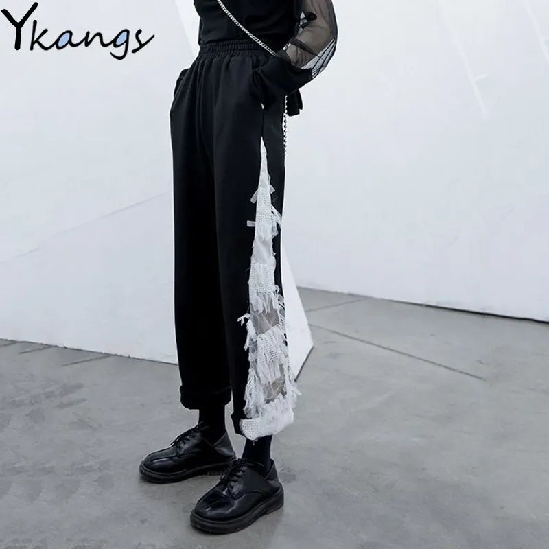 

Hollow Out Tassel White Stretch Bodycon Pants 2020 Long Trousers Black Elastic High Waist Straight Pants Women Gothic Streetwear