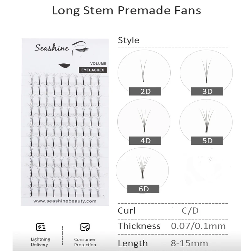 Seashine Long Stem Lashes Premade Wide Fans 2D 3D 5D 10D Russian Volume Professional Eyelash Extensions Faux Mink