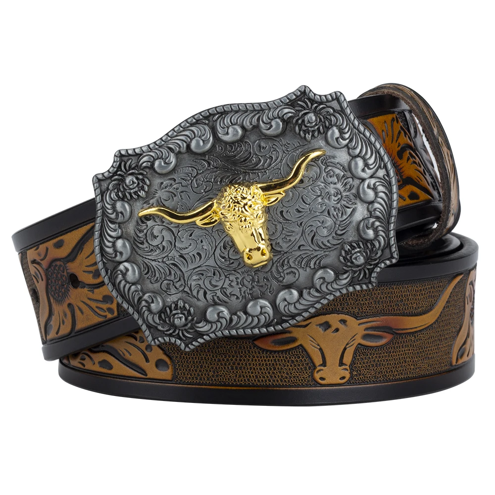 Ox Head Buckle Genuine Leather Embossing Belt Luxury for Men Fashion Animal Pattern