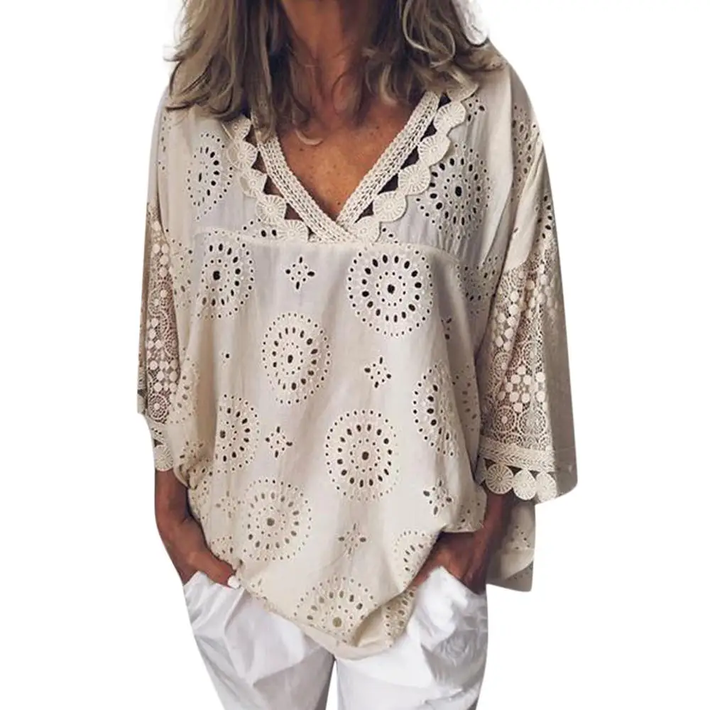 Jocoo Jolee Summer Women Lace Blouse Elegant Hollow Out Irregular Shirt Sexy Half Sleeve V Neck Loose Blouse Casual Tops