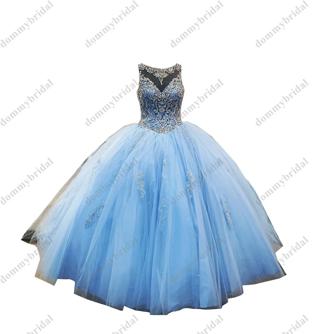 Elegante vestido de fiesta de quinceañera con cuello de tul transparente, falda hinchada con diamantes de imitación de cristal, color azul cielo, 15 y 16