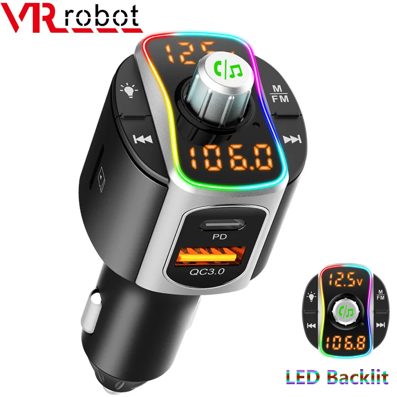 VR robot Car FM Transmitter Bluetooth 5.0 MP3 Audio Player QC3.0+PD Fast Charging Wireless Handsfree Car Kit with LED Backlit