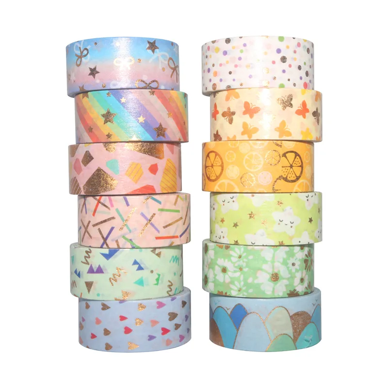 

12pcs Candy World Washi Tapes Set Love Star Flower 15mm Gold Foil Adhesive Masking Tape Decoration Stickers Gift Art Album A6609