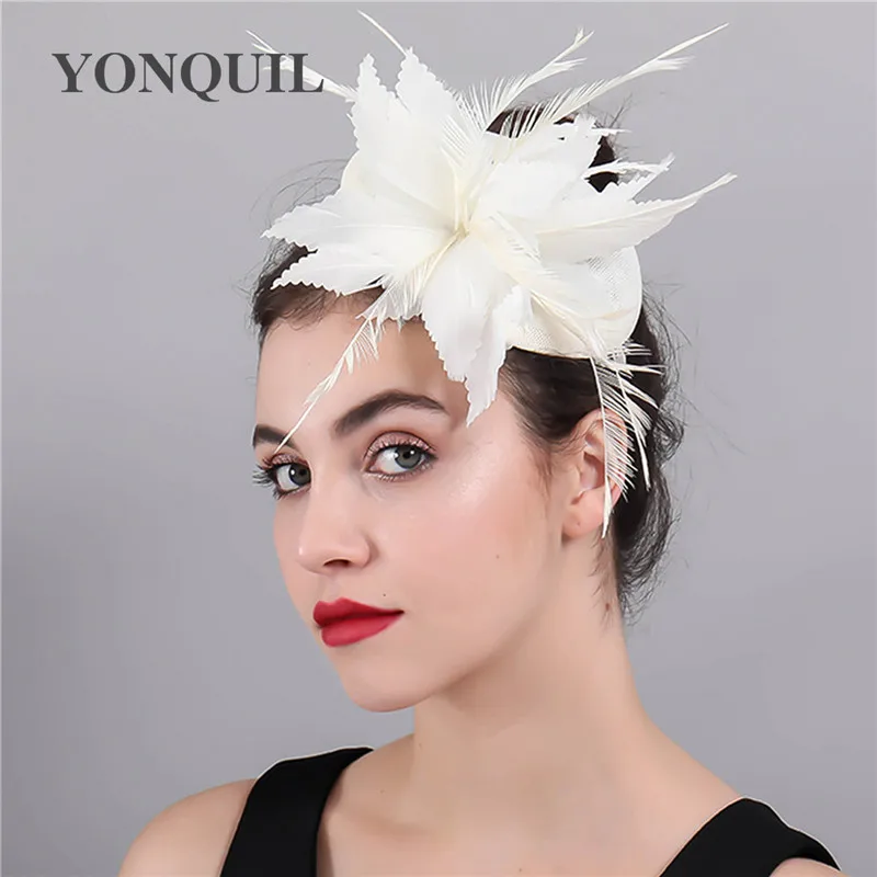 

Women Wedding Headpiece Ivory Church Fascinator Hairpin With Fancy Feather Flower Hair Accessories Headwear Ladies Headpiece