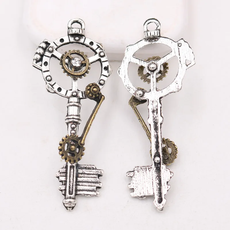 2pcs Retro 3D Key Pendants, 68 * 28mm Key Charms, Steampunk Charms, Handmade Rhinestone Charms, DIY Metal Crafts A2143