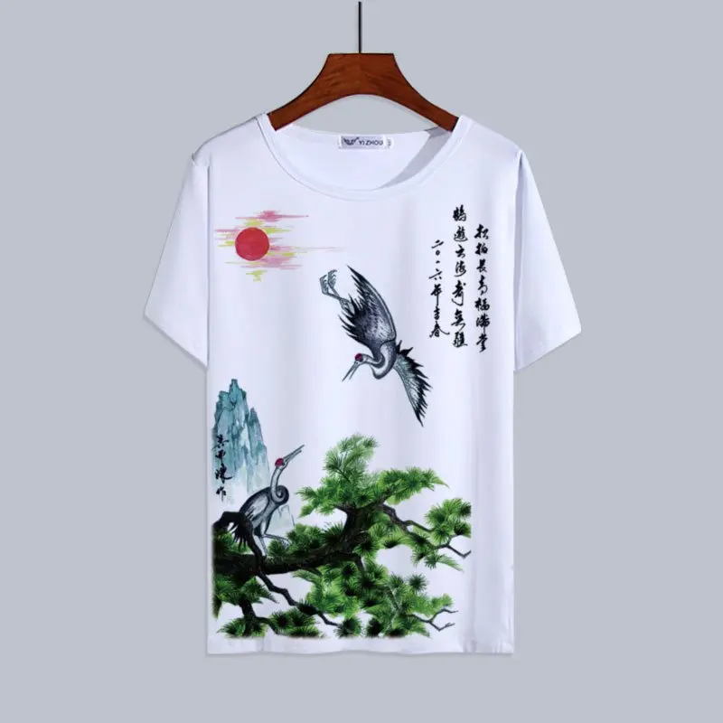 Chinese Landscape Ink Painting T-shirt Streetwear Chinese Style Elements Floral Dragon Wash Painting Tops for Men Woman