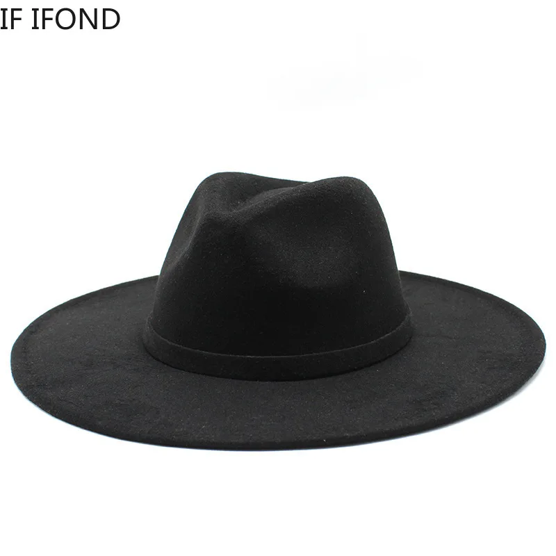 9.5CM Women Men Big Wide Brim Imitation Wool Fedora Hat British Style Winter Gentleman Elegant Lady Jazz Church Hats