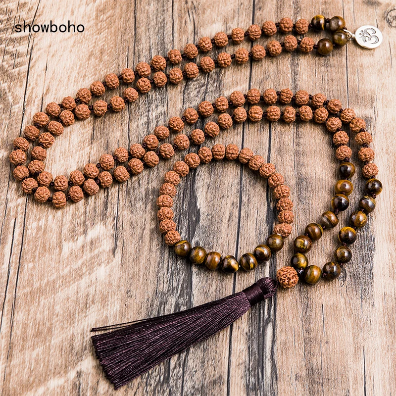 

Original Rudraksha&8mm Yellow Tiger Eyes Beads Knotted Tibetan Necklace 108Japa Mala Meditation Yoga Jewelry Sets with OM Amulet