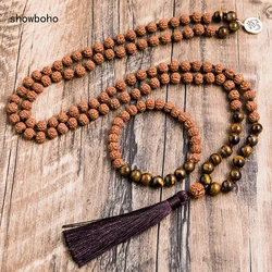 Original Rudraksha&8mm Yellow Tiger Eyes 108 Mala Beads Necklace Knotted  Meditation Yoga Prayer Jewelry for Men and Women