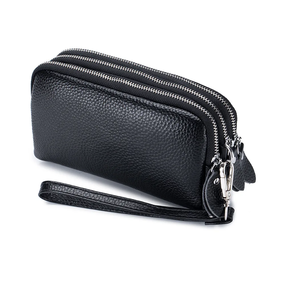 Genuine Leather Women Long Wallet 3-Layer Zipper Clutch Purse Bag 2023 New Large Capacity Wristlet Wallet Phone Bag Money Pocket