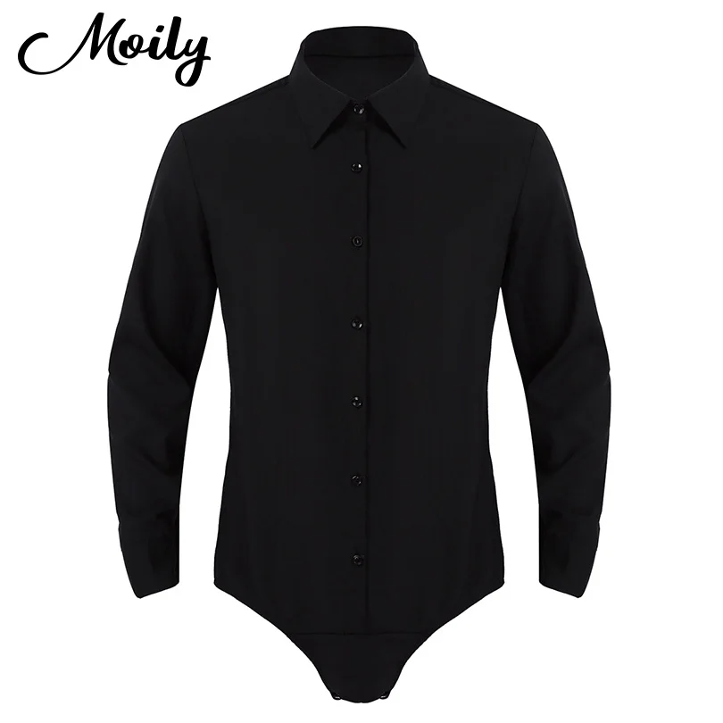 Mens Long Sleeve Casual Bodysuit Shirts Elegant One-piece Romper Bodysuit Stretch Leotard Body Tops Clothes Button Crotch Shirt