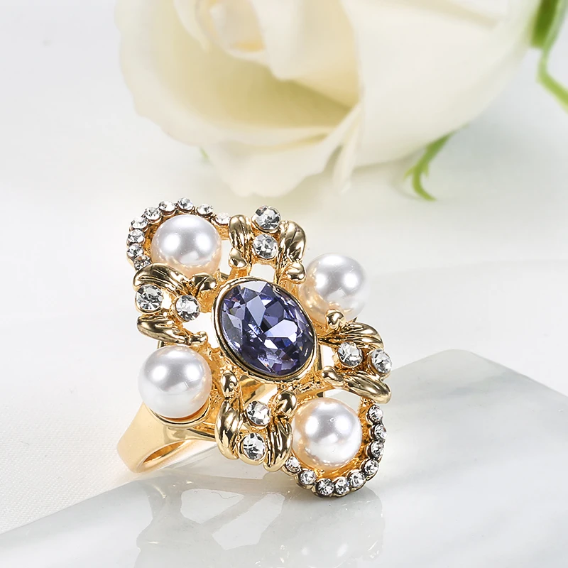 Wbmqda Luxury Purple Big Wide Rings Gold Color Cubic Zirconia Stone Wedding Band Big Rings For Women Vintage Jewelry Party Gift