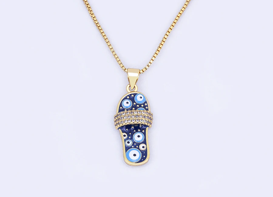 Nidin Mirco Pave CZ Rhinestone Enamel Slipper Pendant For Women Blue Evil Eye Necklace Chain Gold Plated Party Summer Jewelry
