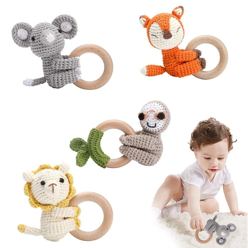 1 PCS Baby Crochet Animals Rattle Toy Elephant Lion Wooden Ring Baby Teether Newborn Mobile Gym Educational Toy Christmas Gift