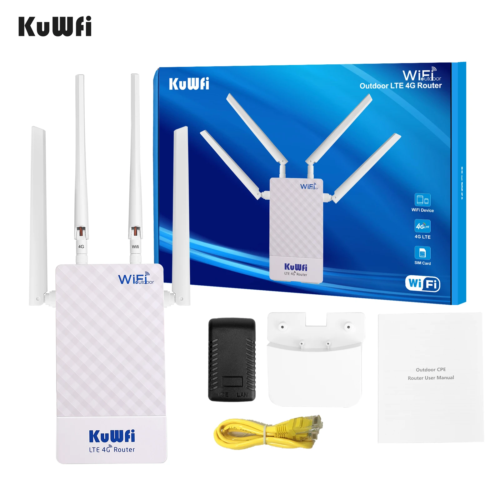 KuWFi Outdoor 4G LTE Router 150Mbps Wireless Wi-Fi Router with Sim Card Slot External Antenna IP65 Support 48V POE Switch Camera