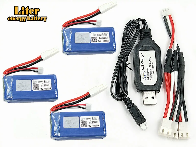 3PCS 7.4V 1600mAh Lipo battery With USB Charger For FT009 RC Boat 12428 battery Lipo 25c 903462 2S JST SM T PLUG