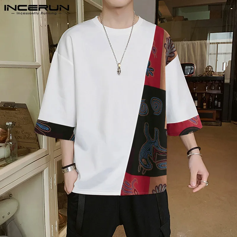 INCERUN Men Casual T Shirt Loose Printed Patchwork Round Neck Half Sleeve Vintage Tees 2023 Streetwear Mens T-shirts Plus Size