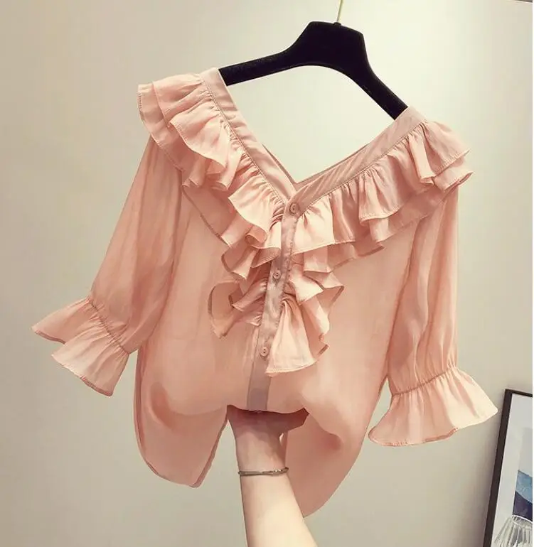 2020 Summer New Sweet Style Solid Color V-neck Half-sleeved Ruffles Women Blouse Fashion Trend Shirt Elegant Chiffon Blouses