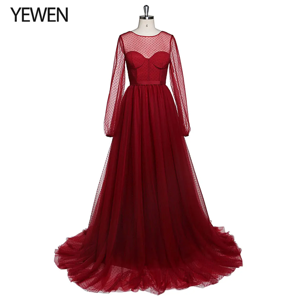 Burgundy Polka Dot Crew Neck Long Sleeve Tulle Evening Dress Prom Party Gown Maxi Photo Shoots Dress YEWEN