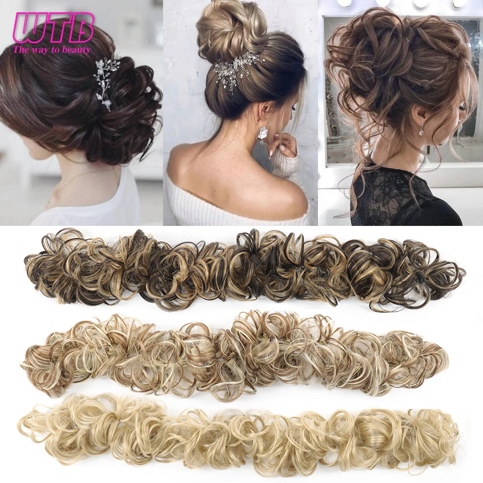 WTB Synthetic Women Curly Chignon Messy Scrunchies Elastic Band Bun Clip on Hair Ponytail Black Brown Natural Fake Hairpiece