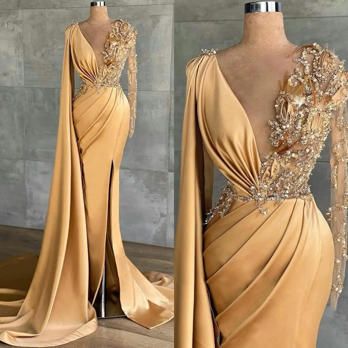 

2022 Gorgeous Champagne Evening Dresses Crystal Beading Mermaid Long Sleeves Formal Illusion Party Prom Gowns Split Front Satin