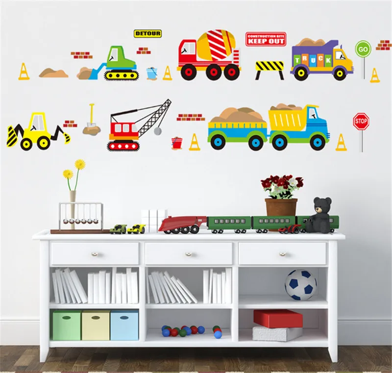 Cartoon Voertuig Verkeer Auto Bussen Muursticker voor Kinderkamer Woonkamer Kleuterschool Baby kinderkamer DIY decoratie