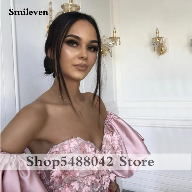 Smileven Roze Sweetheart Neck Caftan Avondjurken Bloemen Volledige Mouw Arabisch Speciale Gelegenheid Jurken Avond Partij Jassen