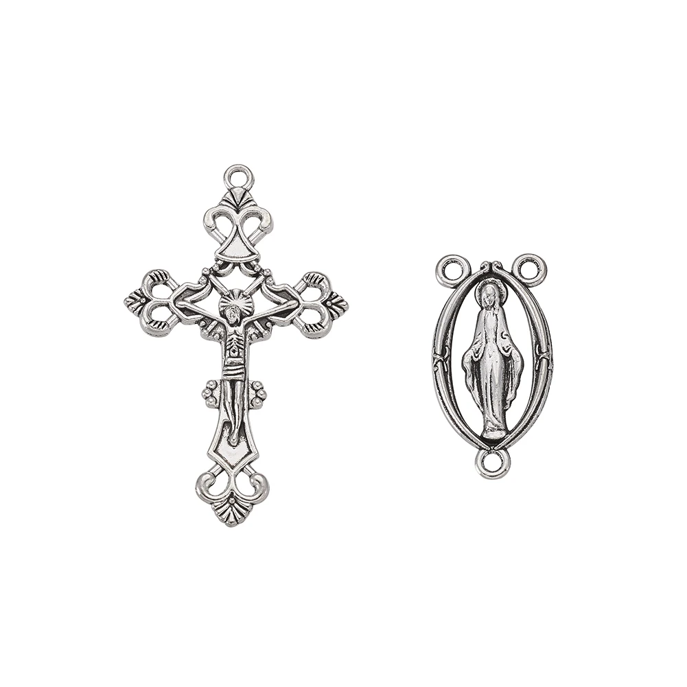 10Sets Alloy Crucifix Cross Pendants Virgin Links Rosary Cross and Center Sets For Rosary Bead Necklace Bracelet Jewelry Making