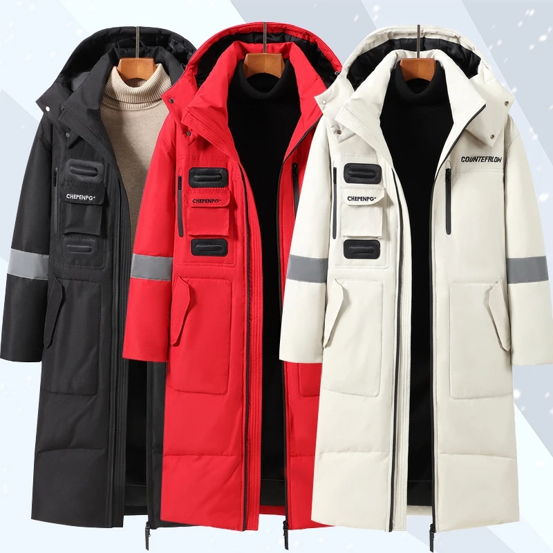 Winter Men Long White Duck Down Jackets Hooded 2022 Fashion Thicken Warm Overcoats Loose Down Coats Man Parkas Black Red White