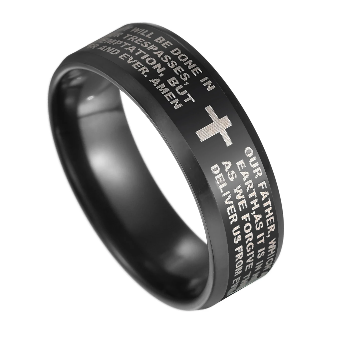 AsJerlya Black Titanium Steel English Letter Lord's Prayer Ring Serenity Men's Bible Cross Rings For Women Jesus Jewelry