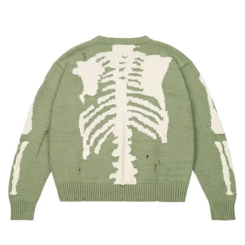 

2021 Autumn Winter Green Loose Skeleton Bone Printing Sweater Men Quality High Street Damage Hole Vintage Knit Pullover w2079