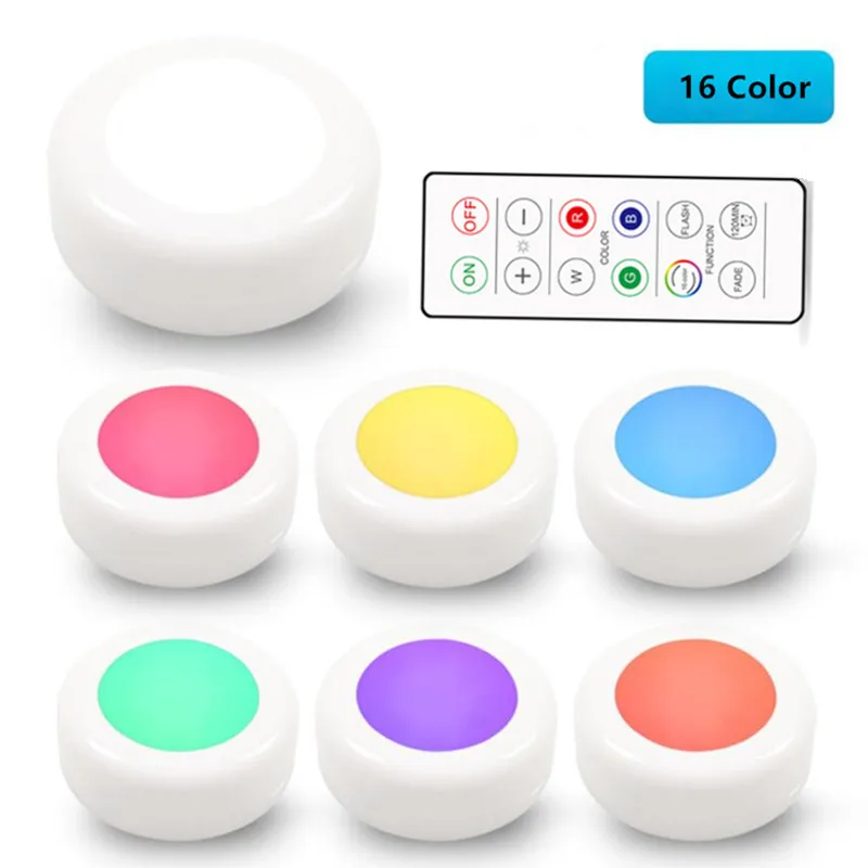 Dimmable RGB LED Lights Kitchen Lamp Touch Sensor Wardrobe/Closet/Cabinet Night Light Puck Light with Remote Controller 16 Color