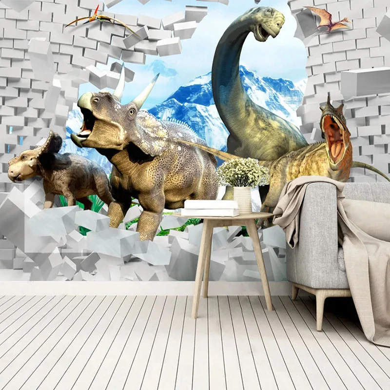 Custom Any Size Mural 3D Stereo Cartoon Broken Wall Dinosaur Wallpaper Children's Room Background Wall Decor Papel De Parede 3 D