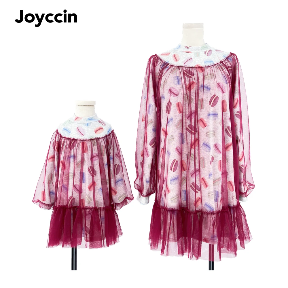 

Joyccin Autumn&Winter Mother Kids Macaron Print Lantern Sleeve Dress With Mesh Family Matching Outfits Ruffle Hem Girls Dresses