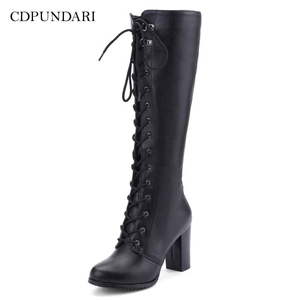 CDPUNDARI Black Knee High Boots Spring Autumn Long Boots Women High Heels Motorcycle Boots Ladies Punk Boots Shoes Woman