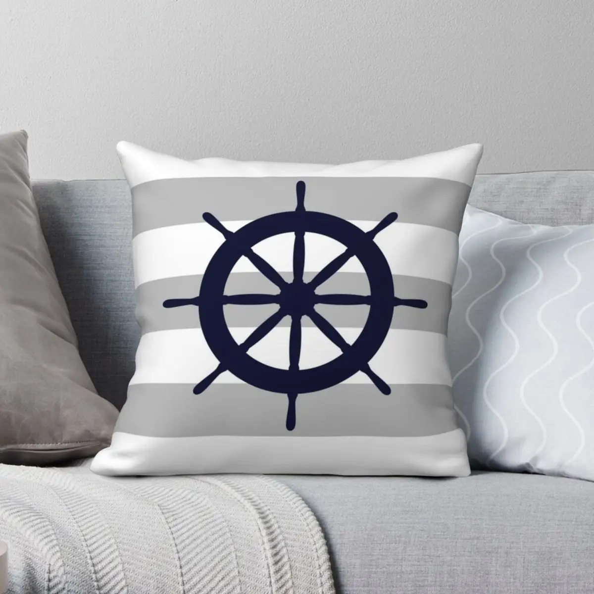 

Nautical Navy Blue Ship's Steering Wheel On Silver Gray Stripes Polyester Linen Velvet Zip Decor Pillow Case Car Cushion