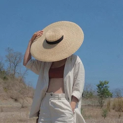 Women  Raffia Wide Brim Boater Hat 15cm 18cm Brim Straw Hat Flat Women Summer With White Black Ribbon Tie Sun Hat Beach Cap