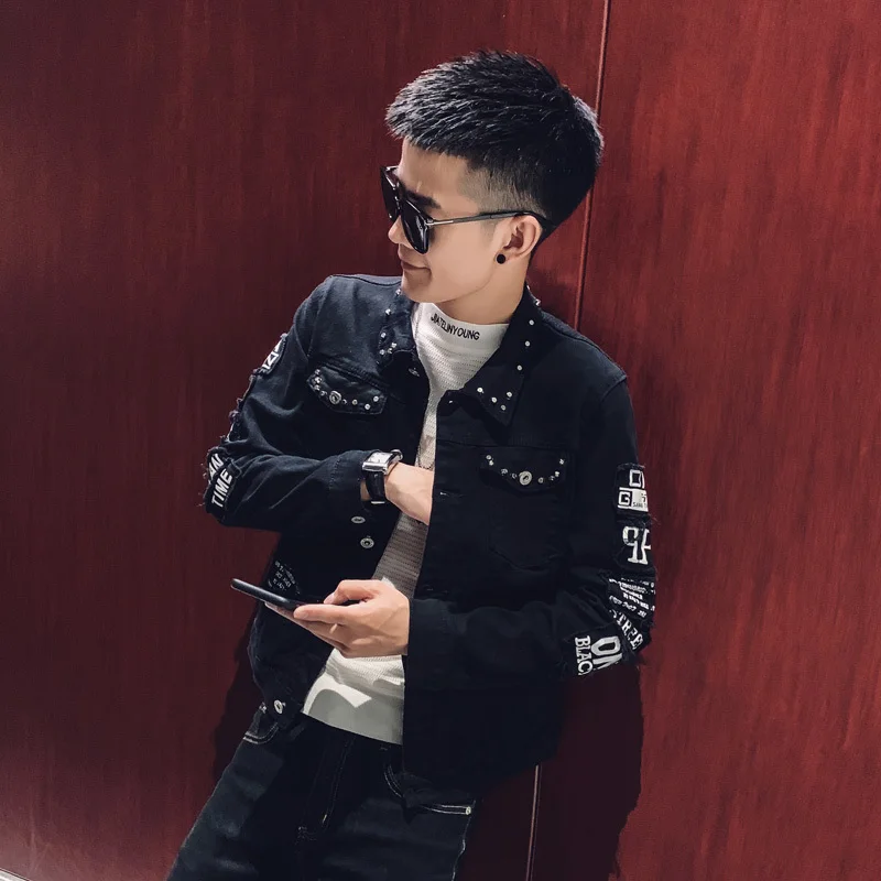 

Korean Jacket Men's Punk Rivets Embroidery Denim Jackets Autumn Coat For Male Chaquetas Hombre Jaqueta Masculino