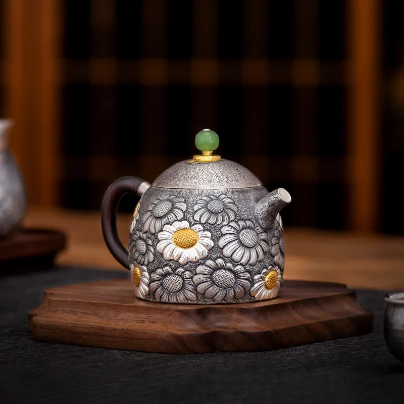 age 999 sterling silver tea pot of gold silver Qin Quan little Daisy's silver tea set household chisel carved by hand